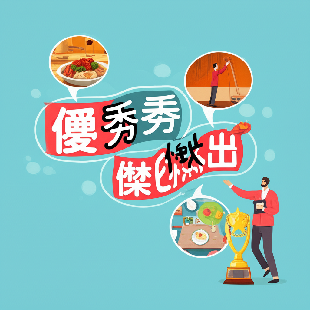 excellent一詞轉化為優秀、傑出、卓越等中文詞彙,並搭配美食、表演等情境對話框
