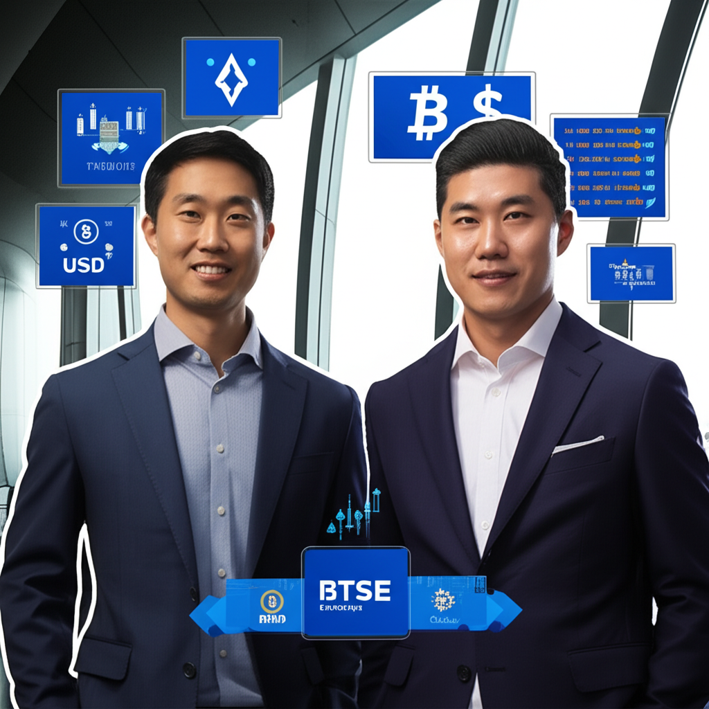 BTSE創辦人Jonathan Leong與Brian Wong於杜拜,周圍展示加密交易服務與多幣種結算功能