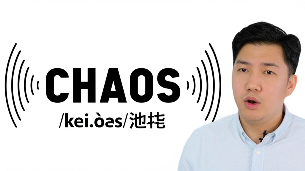 聲波從「CHAOS」字樣發出,伴隨音標與中文「開-奧斯」,呈現教學風格的發音示範