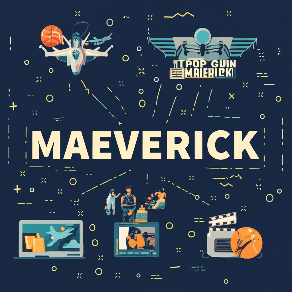 插畫:概念旅程呈現Maverick的多重面向,連結語言根源、發音、定義、達拉斯獨行俠隊與捍衛戰士角色,融合學習、運動與電影元素