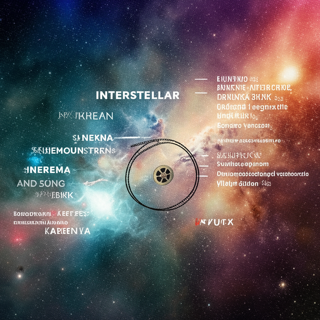 星際概念插畫:宇宙星雲與電影膠卷交織,呈現《星際效應》多語片名