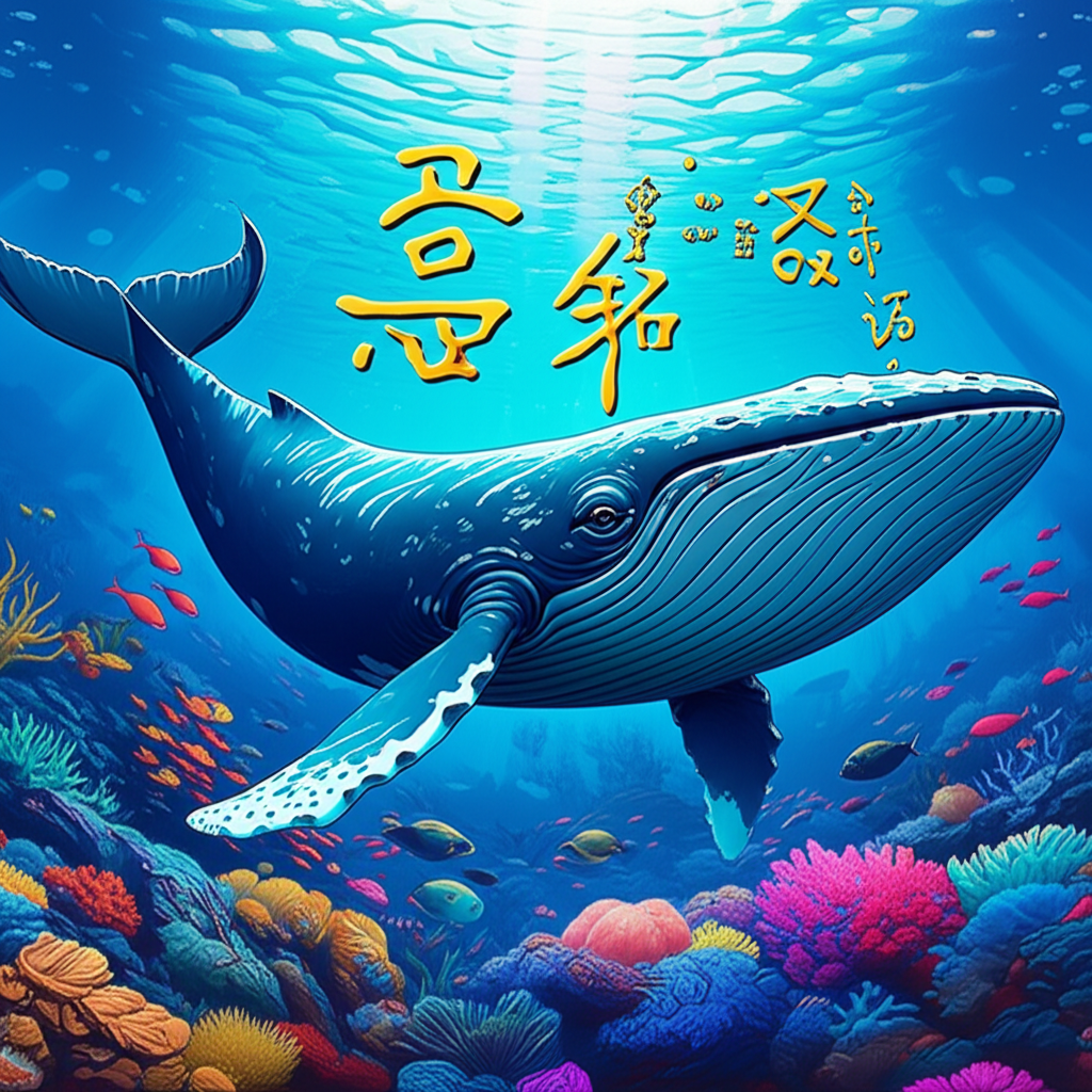 壯麗的鯨魚在充滿古代漢字的海洋中游動,象徵語言與文化的連結