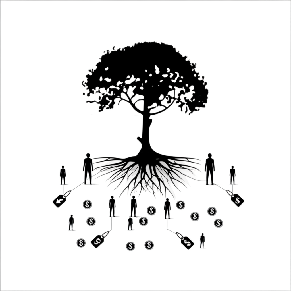 先鋒集團投資人擁有結構的象徵插圖,描繪大型樹木根部延伸至眾多投資人與低成本符號