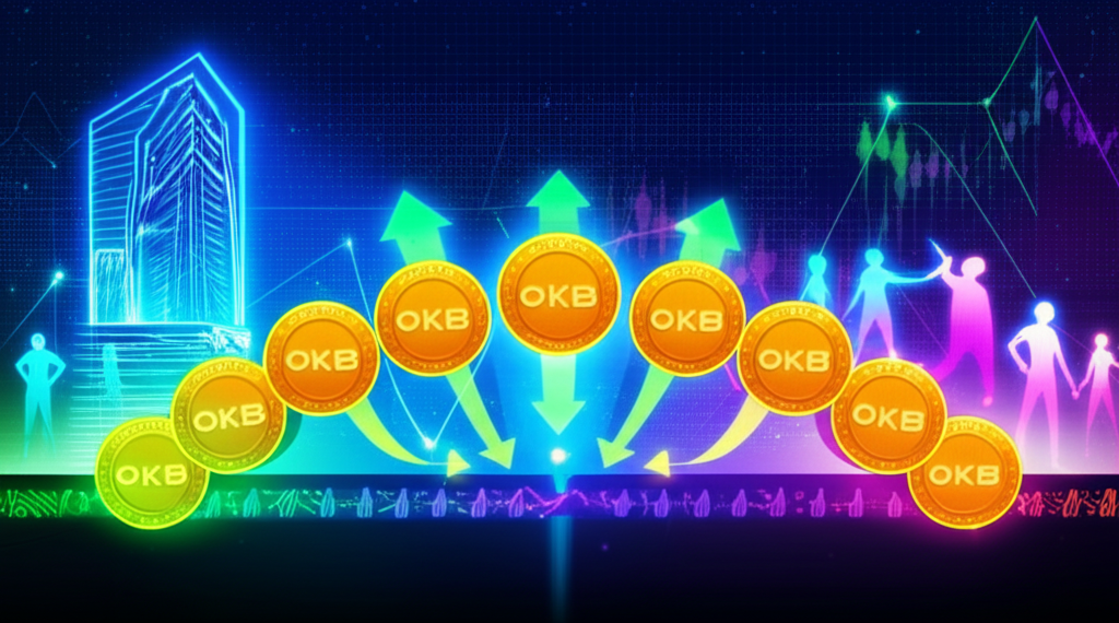OKB 幣構築的數位橋樑,連接中心化交易所與用戶,並顯示代幣銷毀機制如何提升價值的加密市場插圖