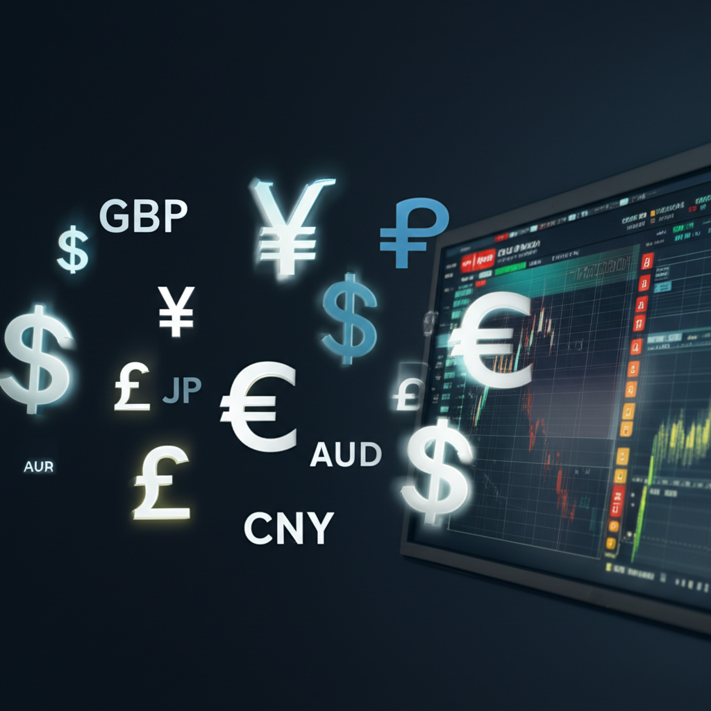 各種國際貨幣符號如USD JPY EUR GBP HKD CNY AUD SGD 環繞數位螢幕,顯示DBS銀行即時市場更新