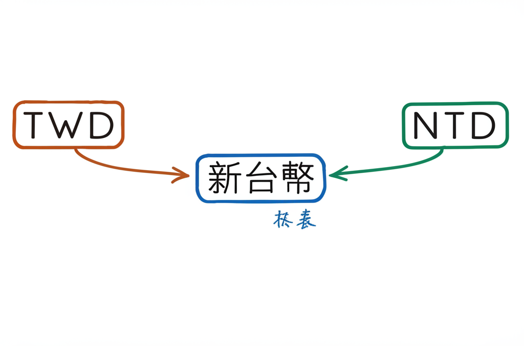 TWD、NTD和新台幣關係的圖示,顯示官方、非官方和全稱的角色