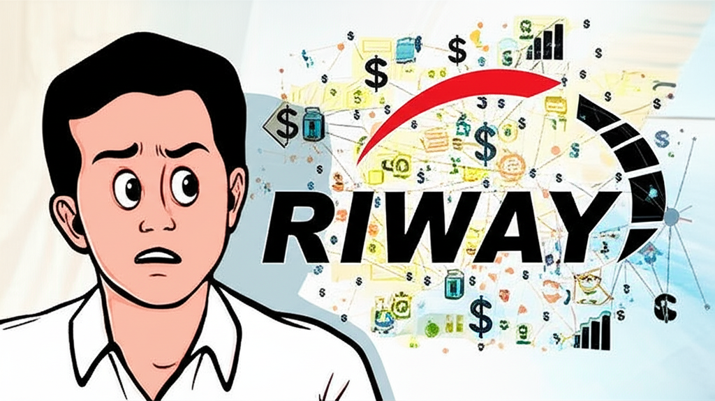 一位困惑的人盯著金錢與產品符號交織的複雜網絡,背景有大型RIWAY標誌,象徵多層次傳銷的財富與健康承諾,同時隱藏風險與誇大宣稱