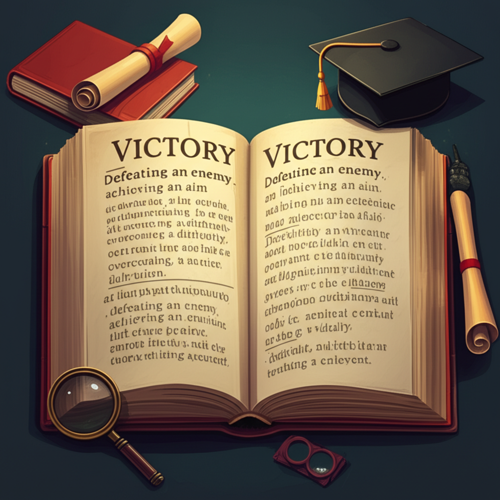 打開的字典頁面標示Victory的定義,聚焦於擊敗敵人、達成目標與克服困難等關鍵字