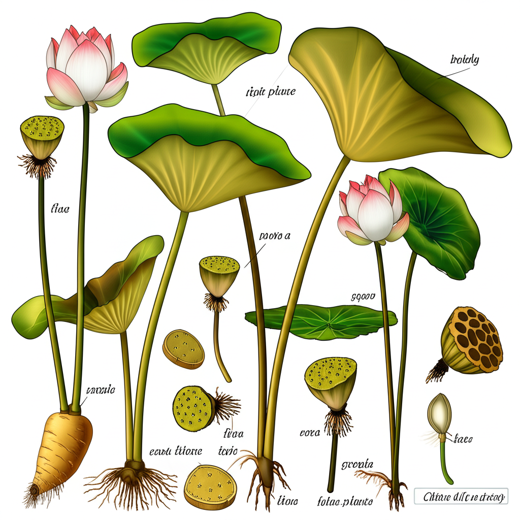 蓮花生命週期插圖,從泥中蓮藕根部到圓葉、花朵與蓮蓬種子的教育性植物藝術