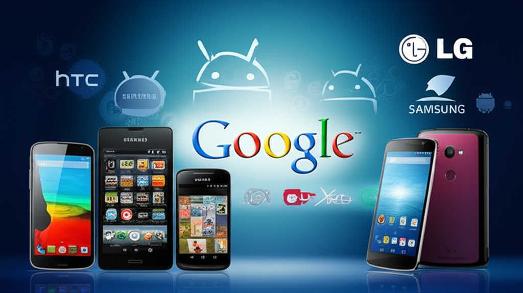 插圖:一組簡約的Google Nexus智慧型手機與平板,顯眼的Nexus標誌周圍環繞著Android符號與HTC、Samsung、LG等合作廠商標誌,前景中一隻發光的Pixel手機象徵科技時代的過渡與演進