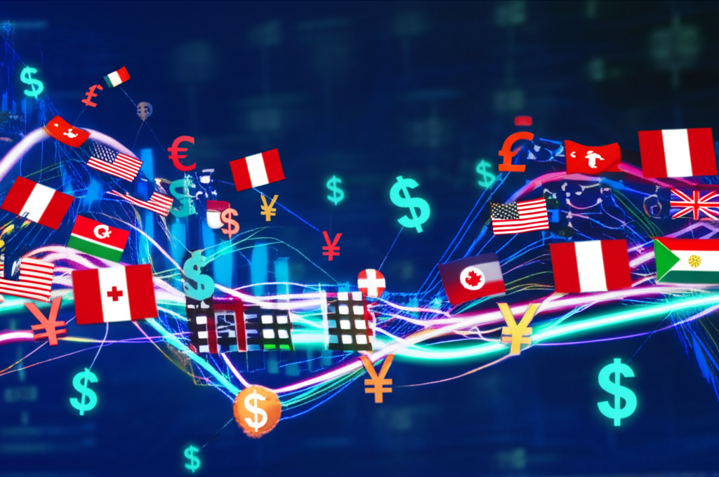 An illustration of a global financial market with currency symbols dollar signs and various national flags flowing through digital lines showing real time exchange rate fluctuations on a screen representing personal finance and international trade