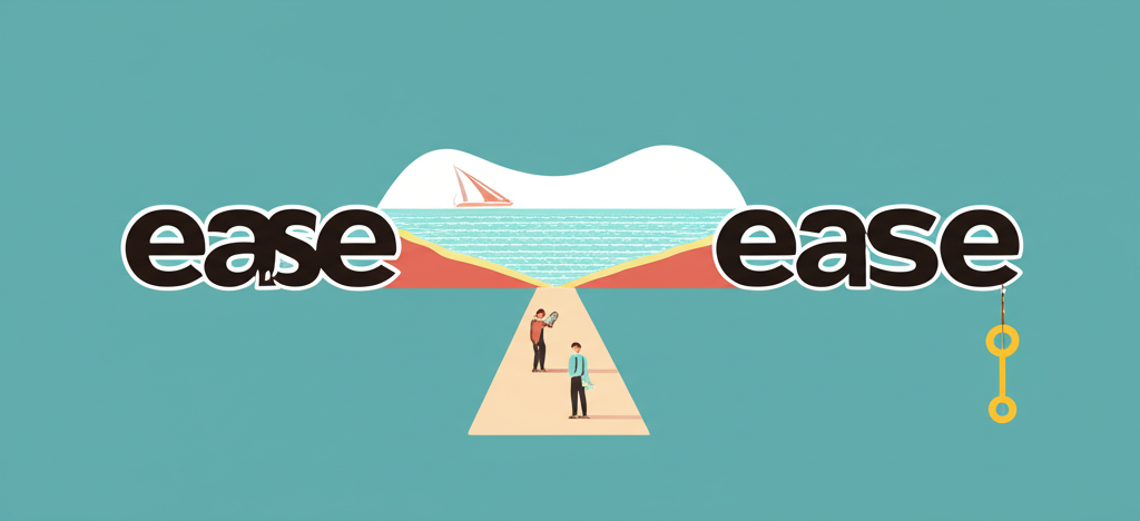 ease 單字的多變插圖,從名詞轉為動詞,核心概念為減輕困難或壓力,像一把鑰匙開啟更深理解,展示舒適狀態與緩解動作