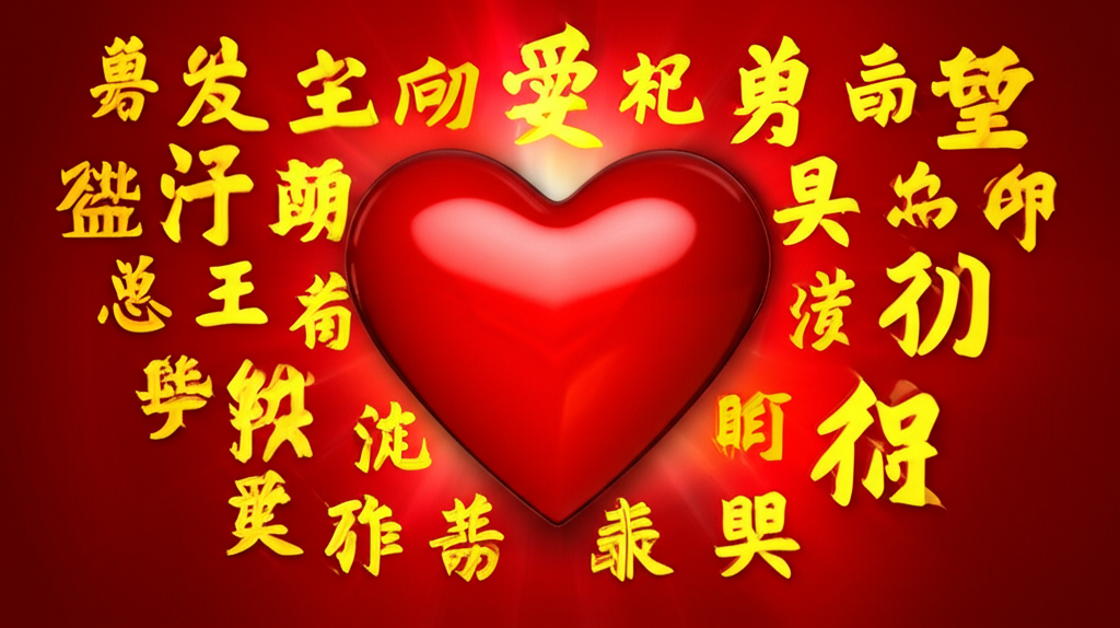 一顆充滿活力的心臟散發強烈光芒,周圍環繞代表強烈情感與渴望的中文字符,暗示「passion」的核心含義需依語境翻譯