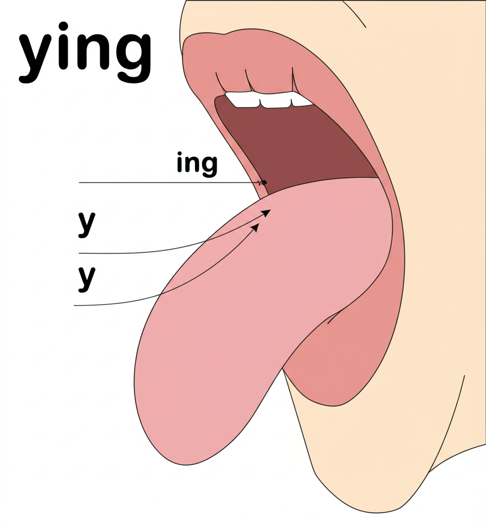 ying發音的口型與舌位示意圖,強調鼻腔氣流