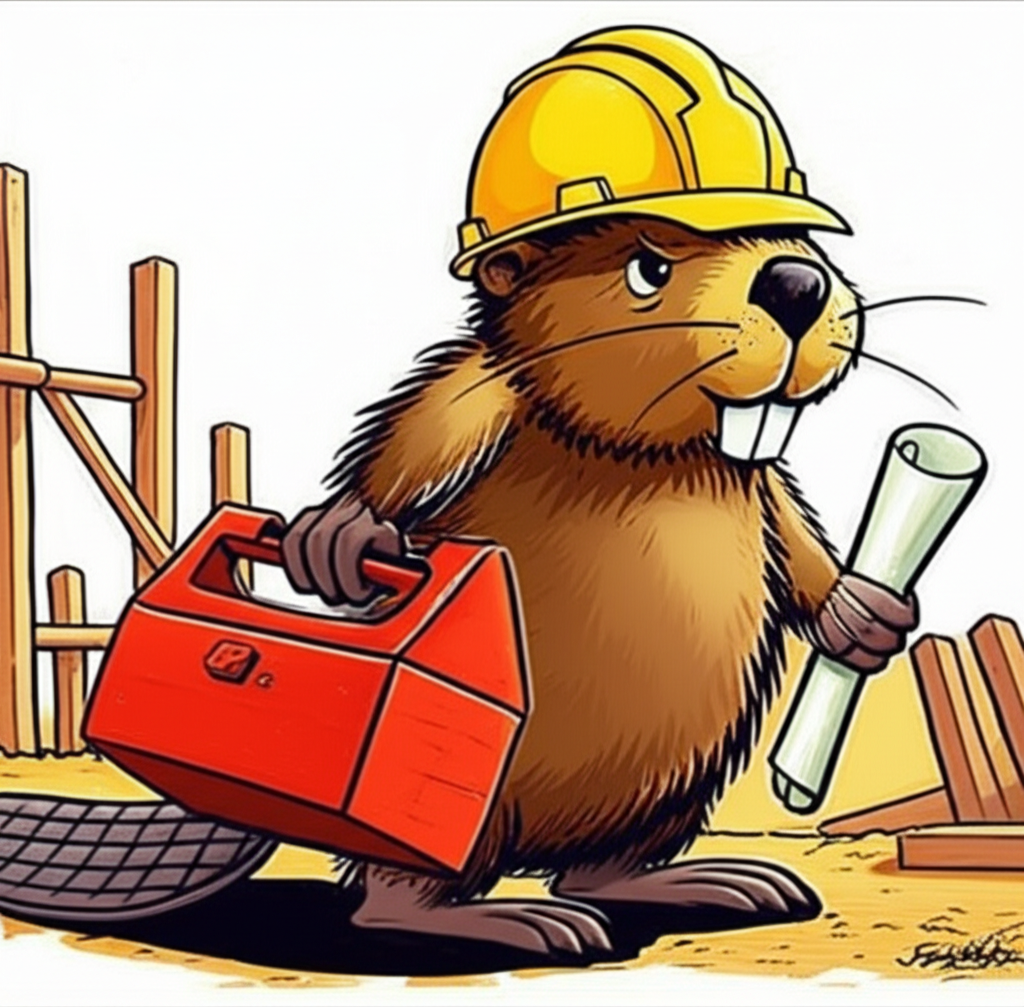 一隻忙碌的河狸戴著安全帽,手拿工具,勤奮地進行工程建設,象徵努力與奉獻精神