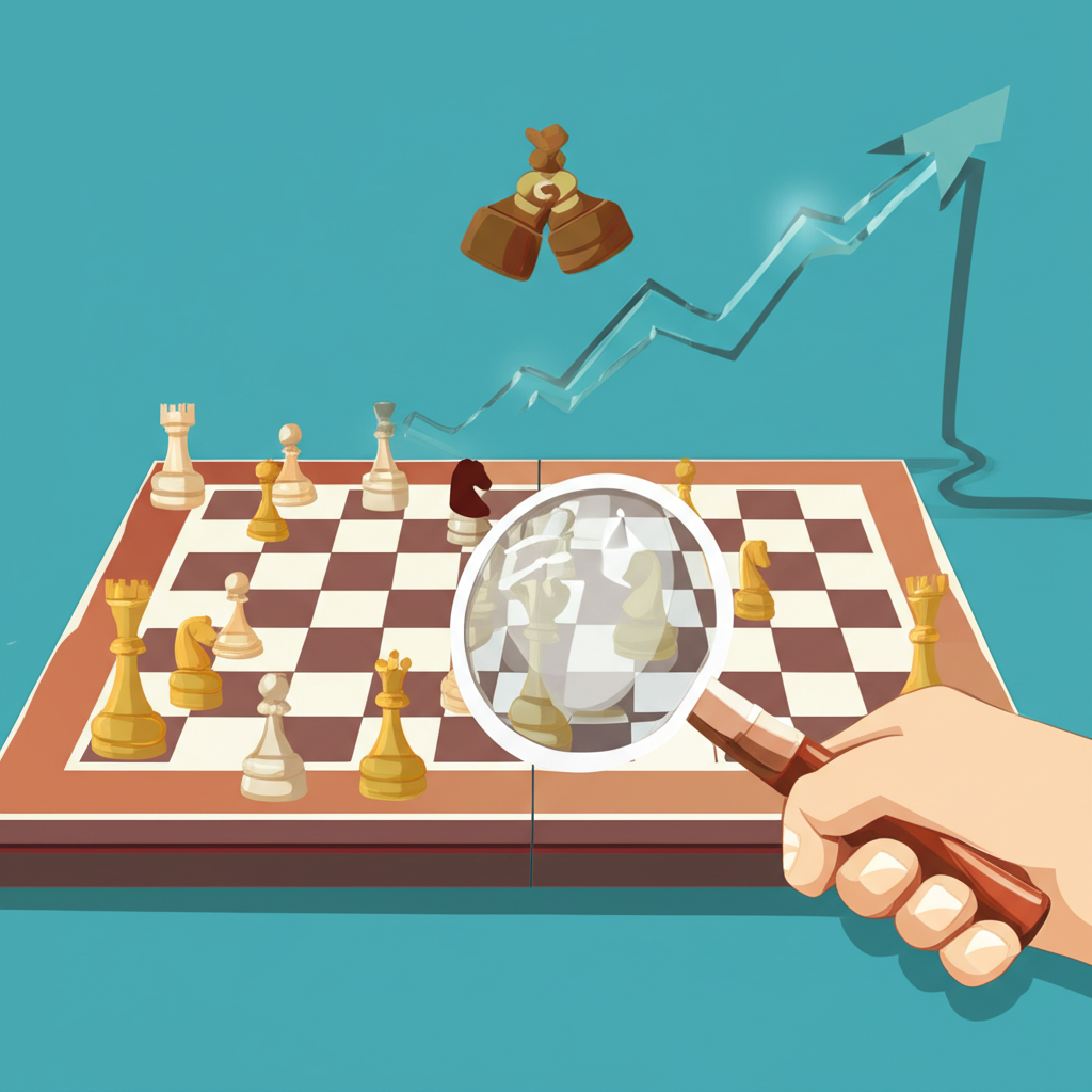 棋盤上人物分析過去走步,使用放大鏡揭示洞見與教訓,引導未來改善與策略思維,用於商業與個人發展