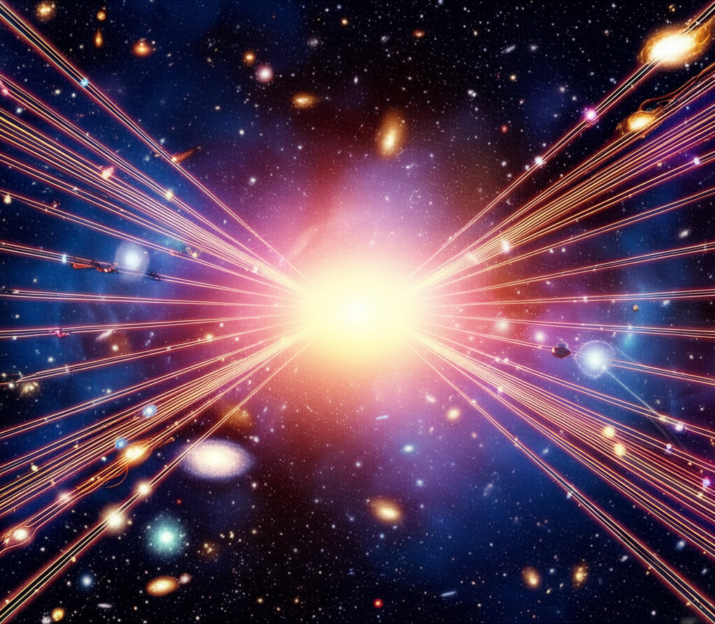 宇宙能量流動插圖,連接原子與星系的光跡,中央發光球體象徵能量守恆定律