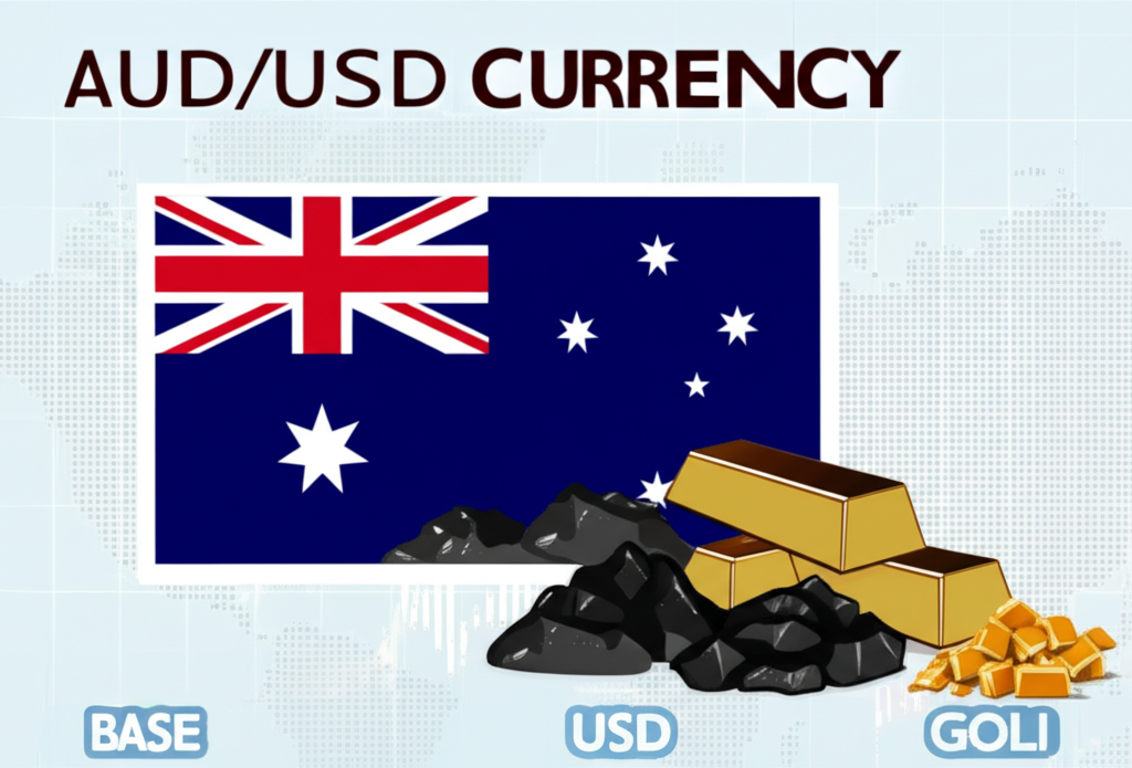 AUD USD 貨幣對插圖,AUD 為基礎貨幣 USD 為計價貨幣,顯示 1 AUD 等於 0.65 USD,包含全球外匯市場與澳洲豐富礦產資源如鐵礦石、煤炭和黃金