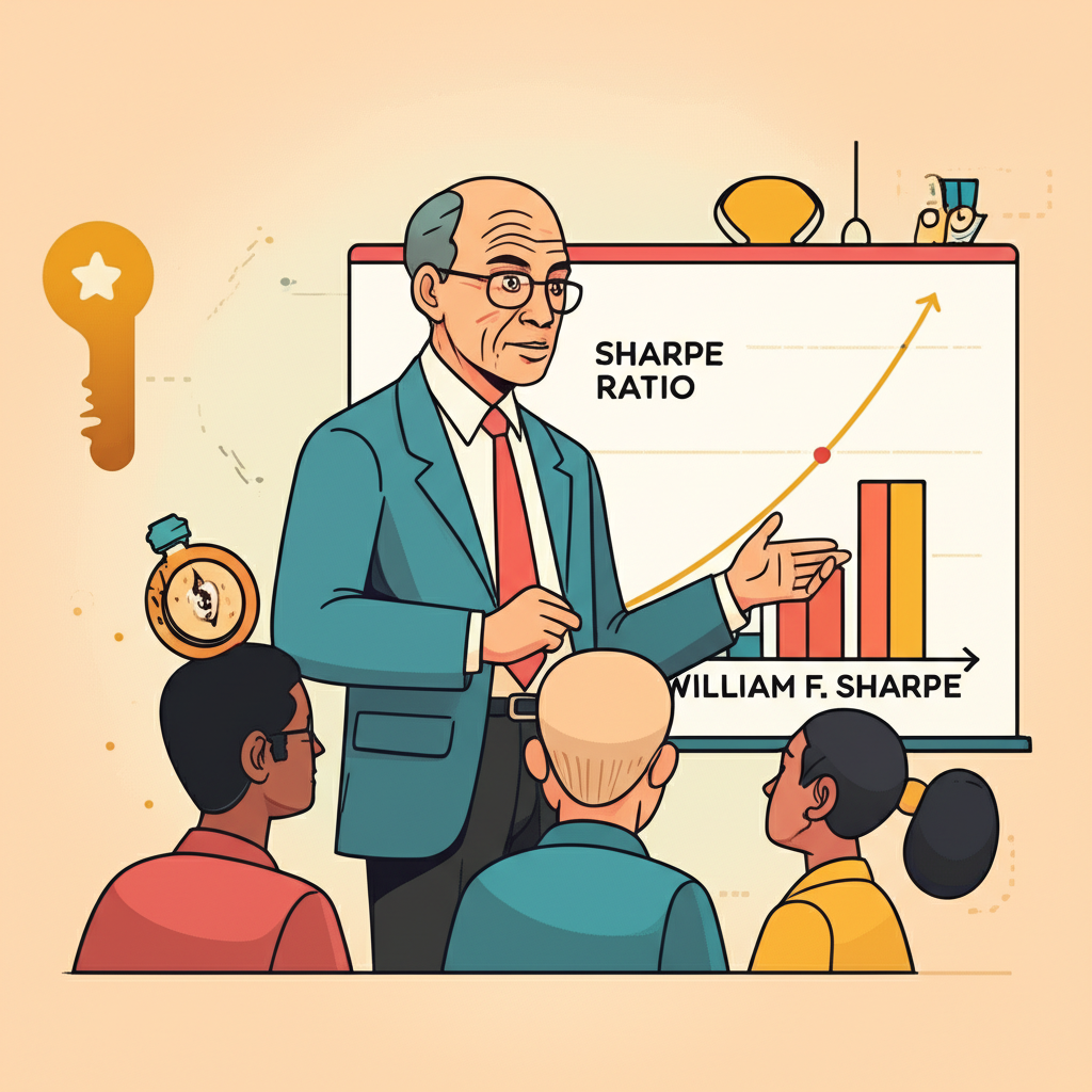 威廉·夏普解釋夏普比率概念的插圖，包含風險與報酬平衡圖表，象徵智慧投資決策的金指標