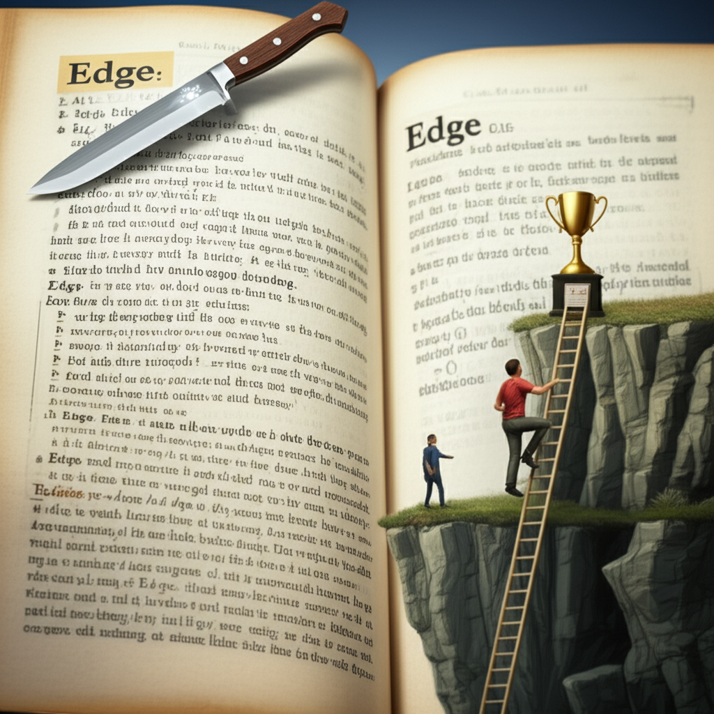 An illustration showing a dictionary page with the word Edge highlighted next to a physical cliff edge a gleaming knife blade a person climbing a ladder towards a trophy and a figure subtly moving forward all in a detailed educational style