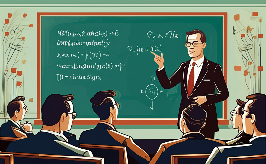 約翰·凱利介紹數學公式的插圖,背景有投資者和通訊元素