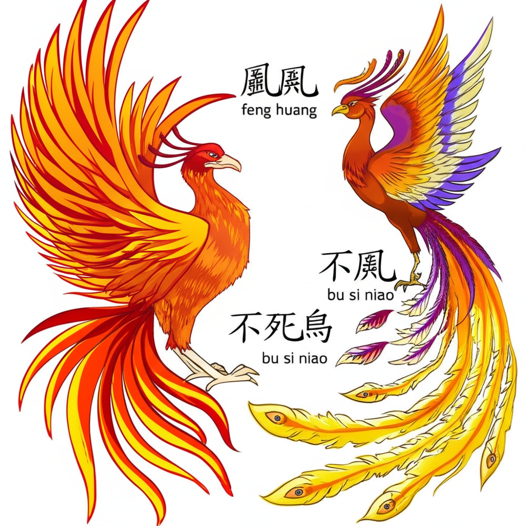 Western phoenix and oriental fenghuang side by side with Chinese characters and pronunciation guides