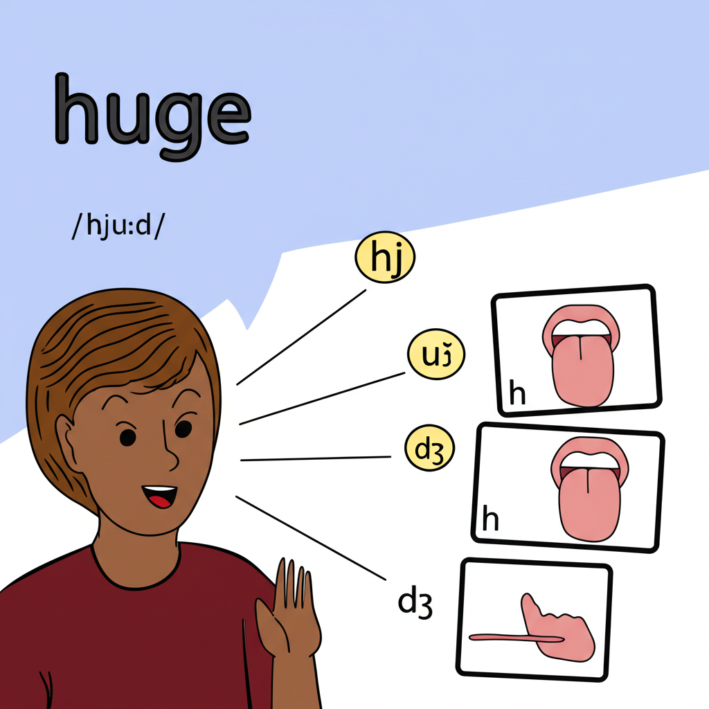 人物說出 huge 的插畫,對話框內顯示音標 hjuːdʒ,並圖示發音時的口腔與舌頭位置