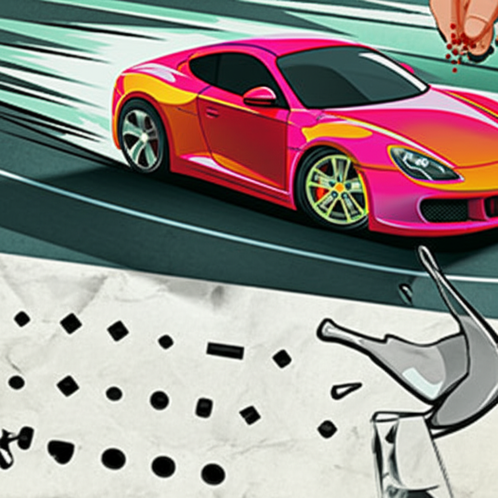 illustration showing a fast moving car, a tiny pinch of ingredients in a kitchen, a broken glass symbolizing dashed hopes, and various printing symbols on a page, all related to the word dash