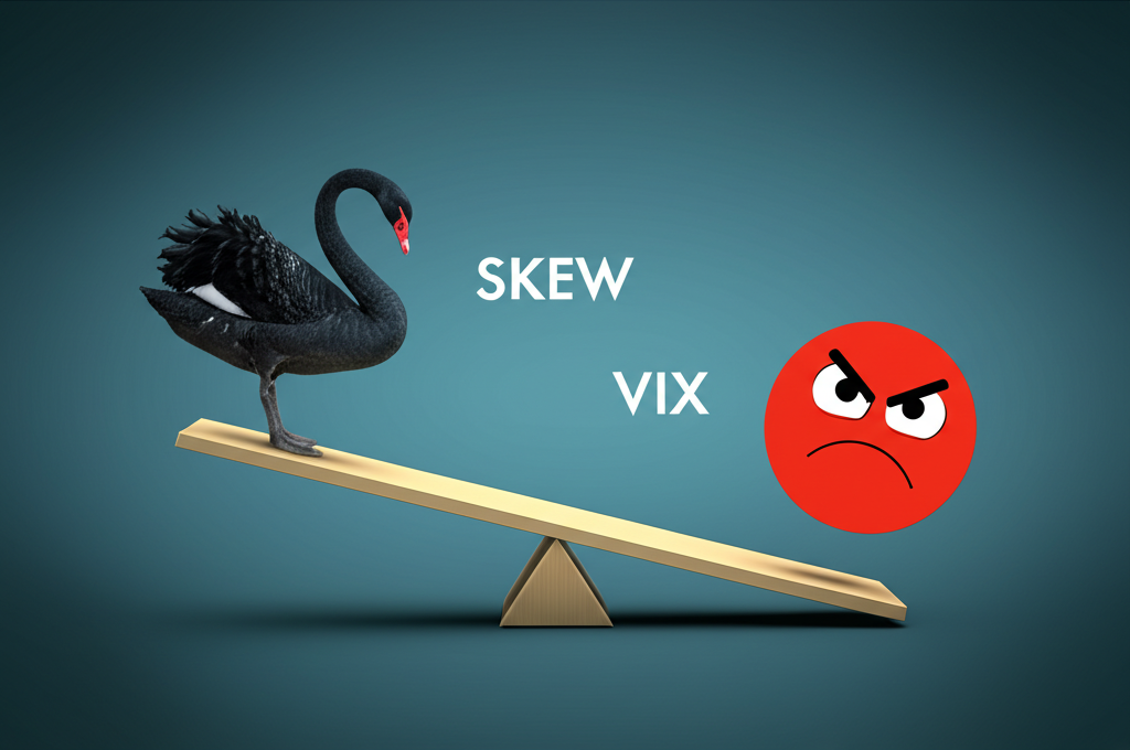 兩種財務指標圖示,一為黑天鵝代表SKEW,另一為紅色憤怒臉代表VIX,在翹翹板上平衡市場風險,強調尾部風險與一般波動的區別