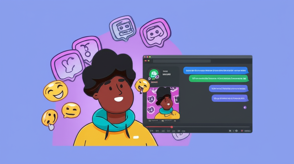 一位 Discord 使用者享受高畫質串流、動態表情與個人化橫幅,背景有伺服器加成圖示的親切數位風格插畫