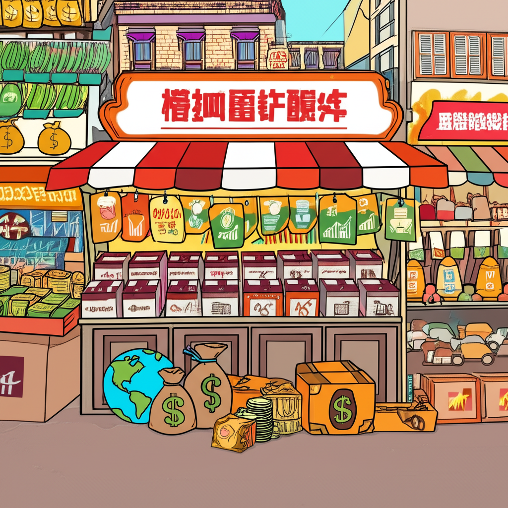 充滿活力的市場場景,包含股票圖表、全球地圖、金錢袋和多元金融產品圖標,代表台股、海外股票、期貨、基金、債券及財富管理的插圖