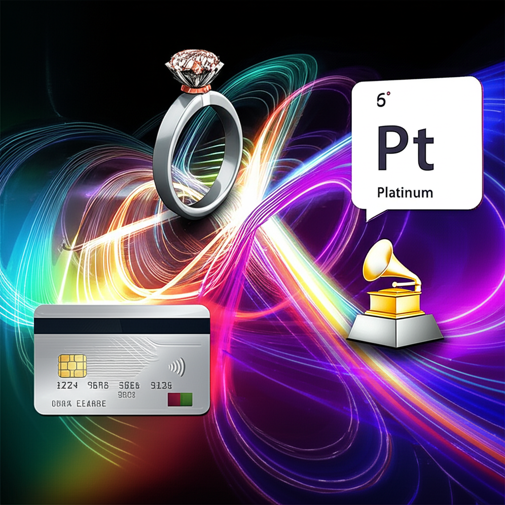 An illustration showing the multifaceted nature of Platinum with symbolic representations of a chemical element, luxury jewelry, a high-tier credit card, and a music award, all interconnected in a vibrant abstract composition