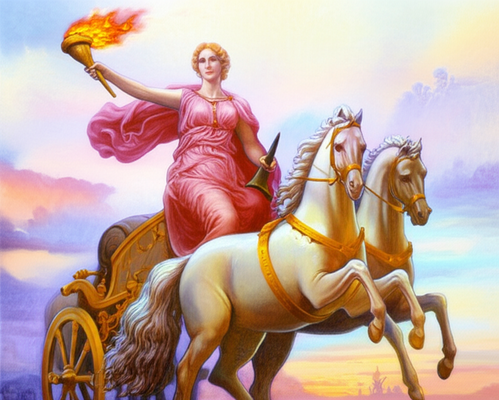 羅馬女神 Aurora 駕馭戰車的黎明插圖，展現美麗與悲劇愛情