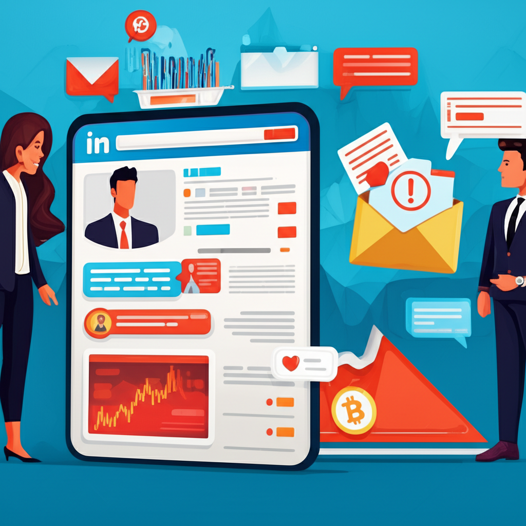 LinkedIn上各種詐騙情境插圖,包括假高薪職缺、浪漫人物引導投資計劃、釣魚郵件圖示與欺騙性加密圖表,融入專業網絡介面