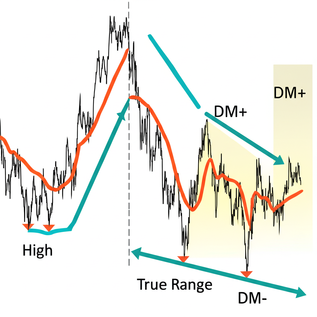 ADX 指標計算流程,從真實波幅 TR 測量波動,到方向性運動 DM 分析價格變化,最終平滑得出 ADX 值,使用標準 14 天週期
