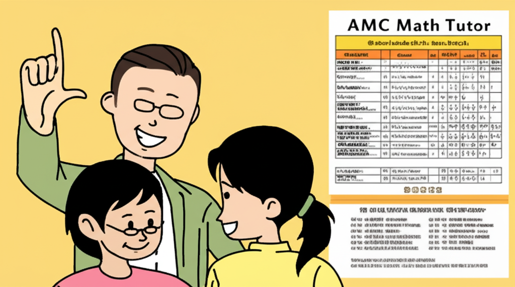 一位友善的AMC數學導師協助學生解數學題目,一家人在查看課程時間表,包含台灣各地分校聯絡資訊