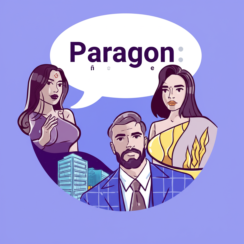一位人物說話時的氣泡顯示 Paragon 的發音符號,以及美麗女子、正直領袖和現代建築等場景