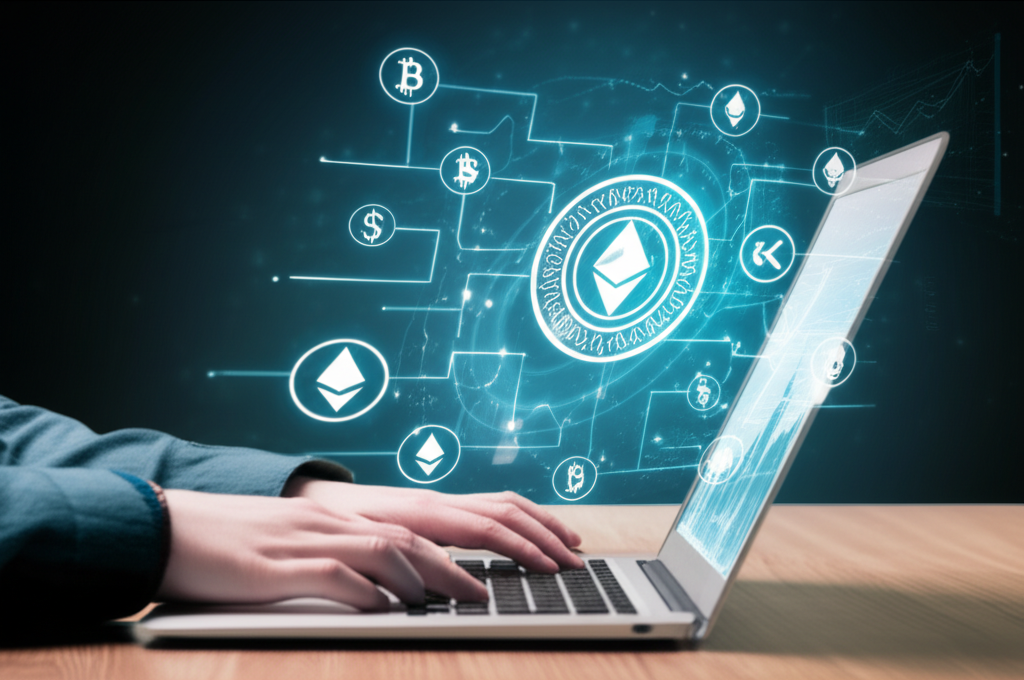 Trader on laptop with charts, digital assets, illustration.