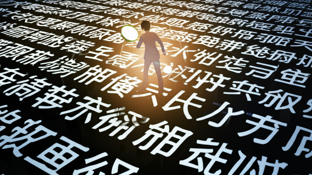 illustration of a person exploring a vast language landscape with magnifying glass discovering ability in chinese characters a journey of linguistic precision and understanding with knowledge shining brightly