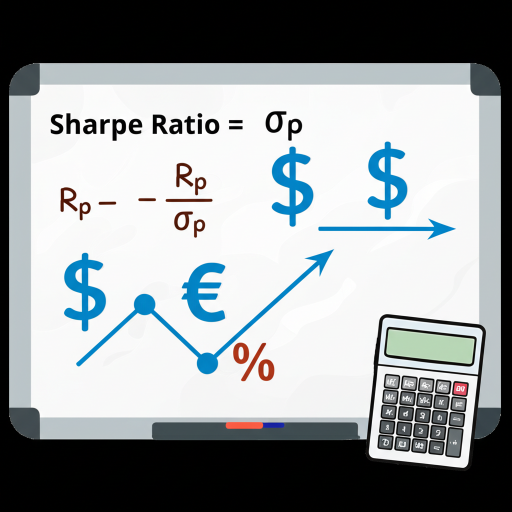 白板展示夏普比率公式 (Rp - Rf) / σp 的插圖，伴隨財務符號和計算器範例