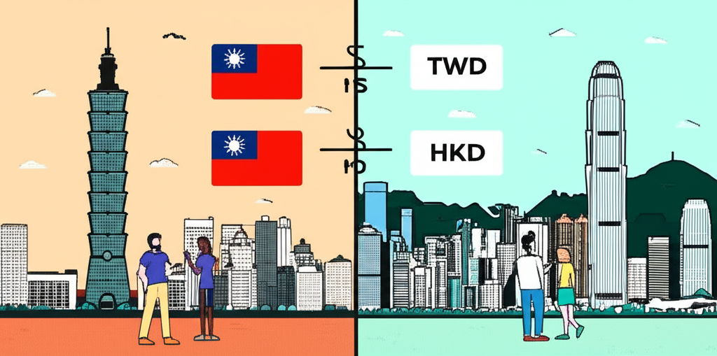 插圖:分屏顯示台灣與香港地標,中間為貨幣兌換符號,10000美元轉換為台幣與港幣,人們用手機比較匯率