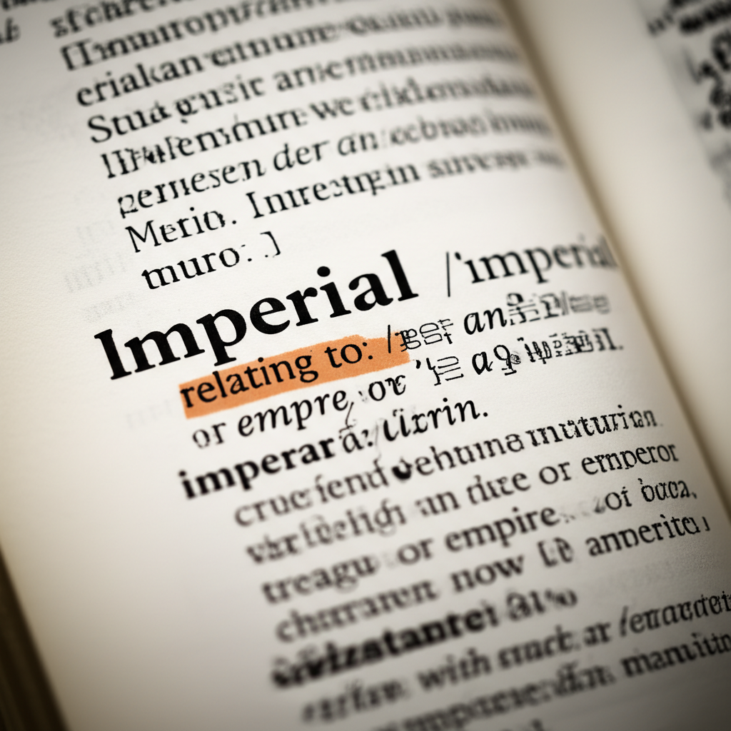 打開的字典頁面插畫,標示出 imperial 的形容詞定義與音標發音說明