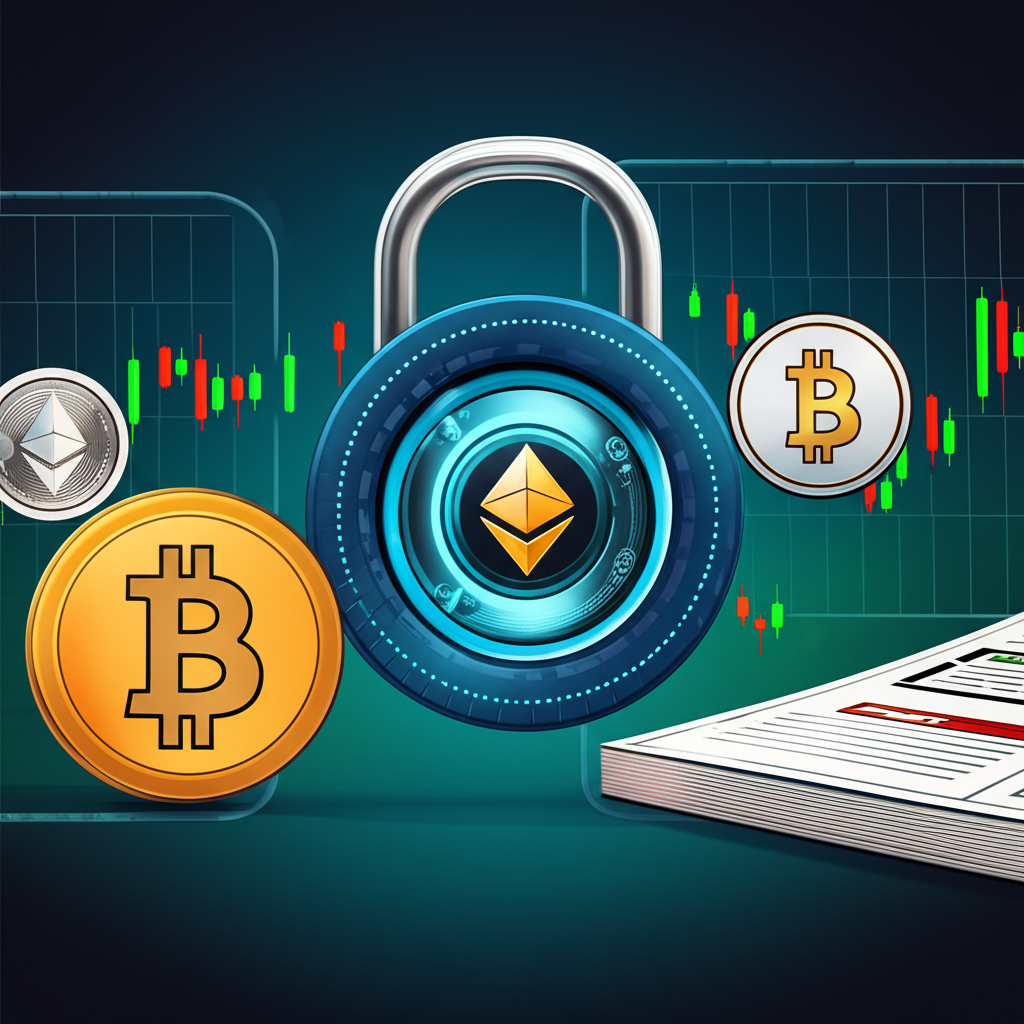 數位鎖保護各種金融資產如加密貨幣、股票證書和外匯圖表一段時間,以達成特定目的的插圖