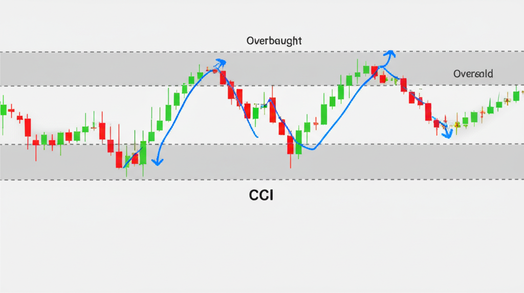 Dynamic financial chart illustrating CCI indicator fluctuating between overbought and oversold zones for market trend identification