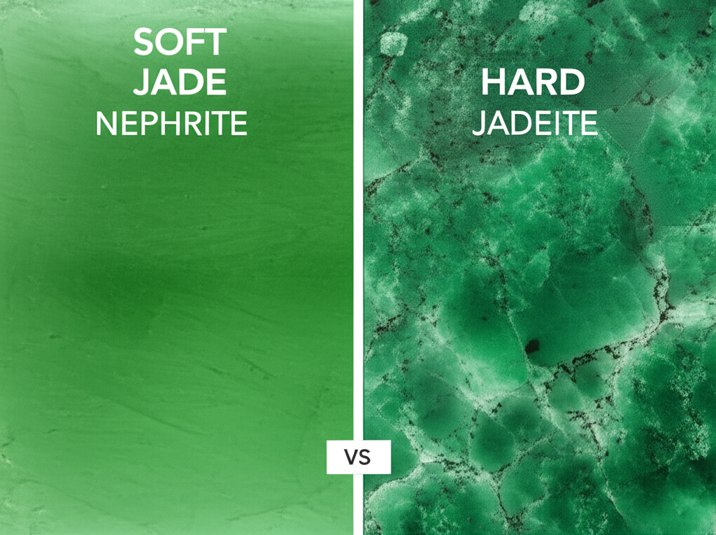 比較軟玉(Nephrite)和硬玉(Jadeite)的插圖,突出光澤、質地與著名產地如和田與緬甸,科學而藝術化的呈現
