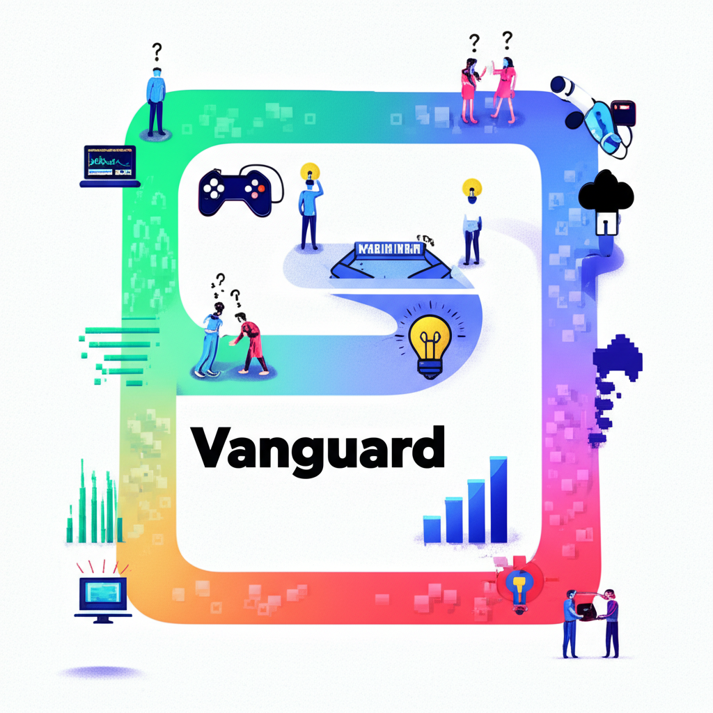Vanguard在財務與遊戲領域的雙重含義,描繪困惑轉為理解的插圖