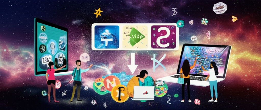 展現多元宇宙旅程的插畫,包含語言符號與電子裝置,人們探索新領域與市場,充滿發現感