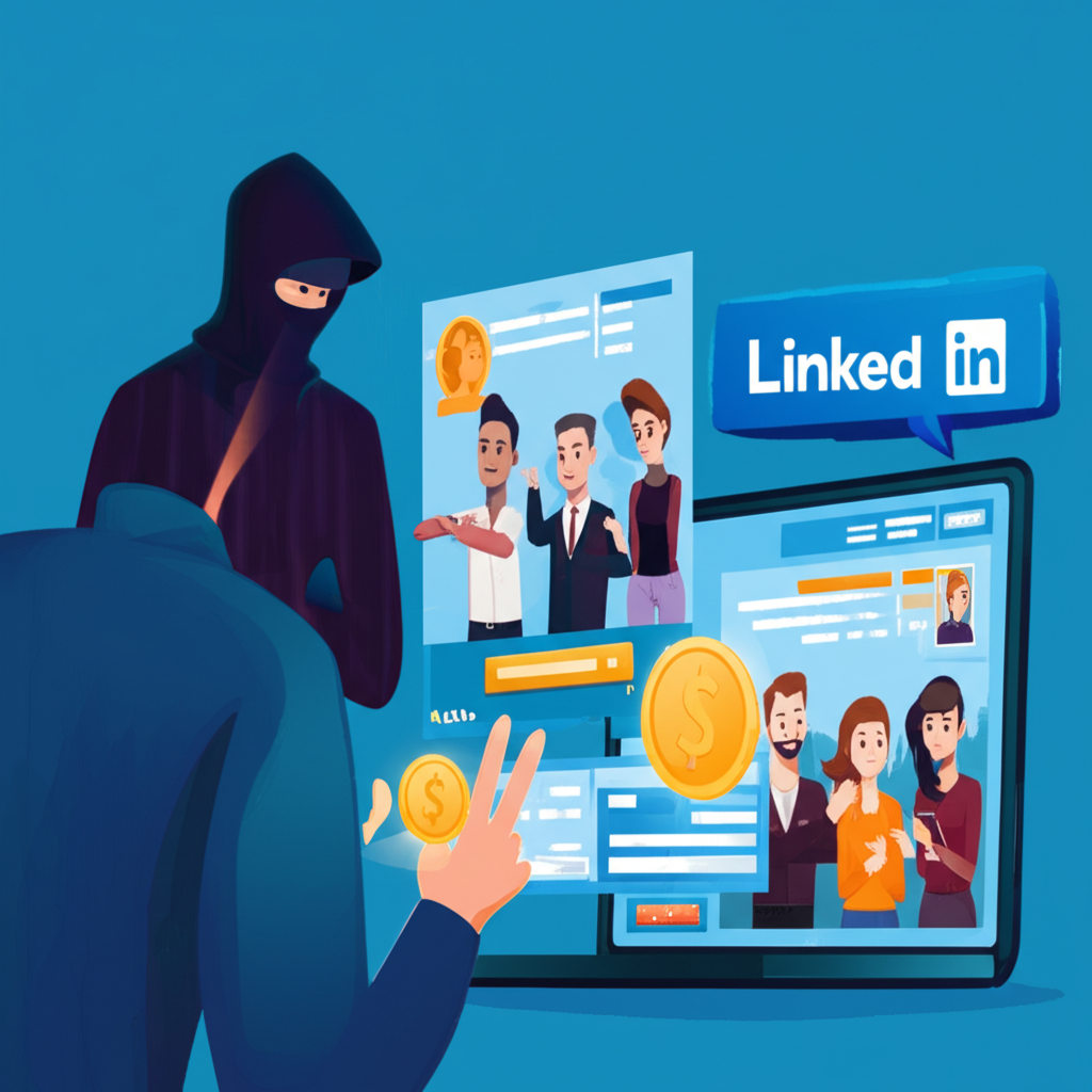 LinkedIn 專業網絡平台上詐騙者以機會和財富誘餌設下數位陷阱的插圖