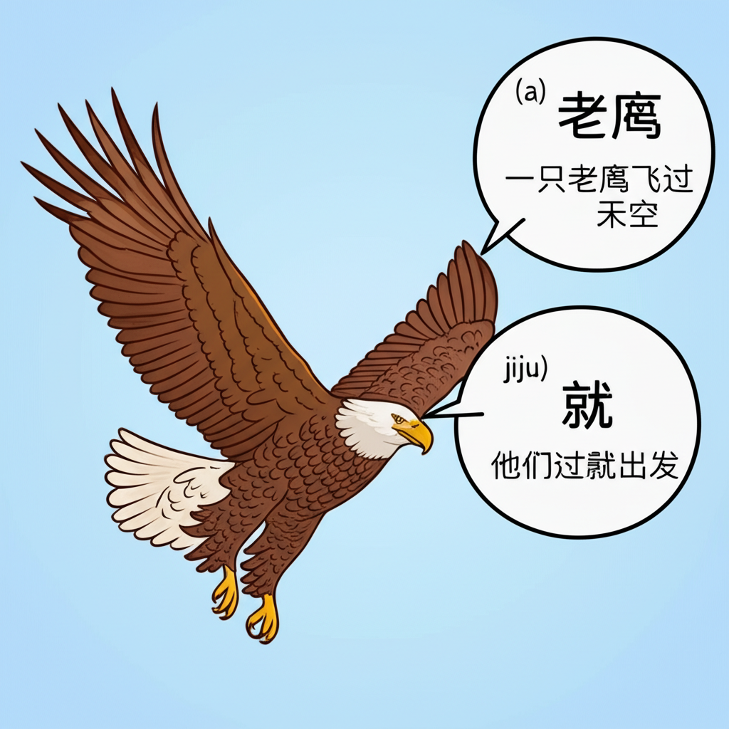 雄偉飛行中的老鷹,周圍氣泡顯示中文『老鷹』與『鷲』,以及發音符號與名詞動詞用法例句