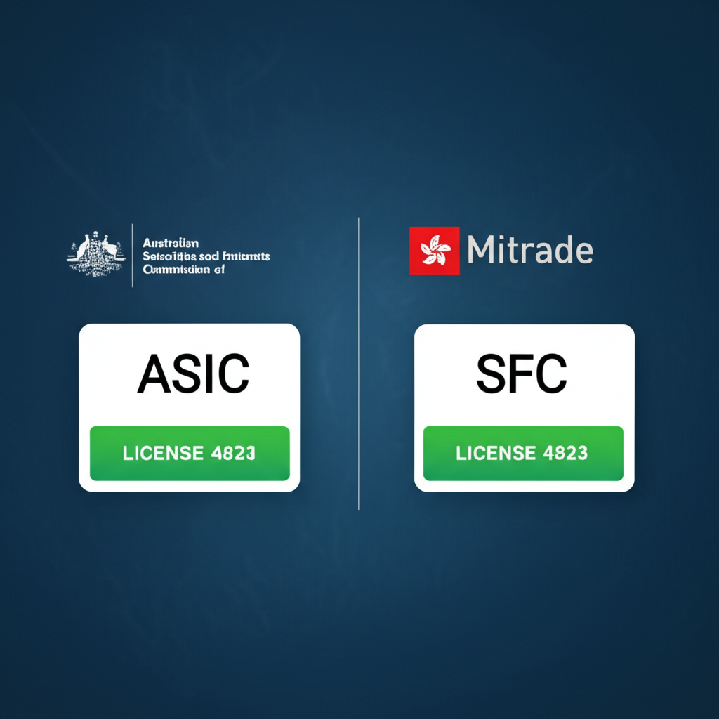 澳洲 ASIC 和香港 SFC 兩個金融監管機構監督 Mitrade 交易平台插圖,顯示牌照號碼,象徵嚴格合規與投資者信任